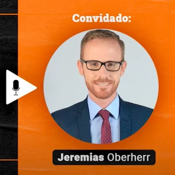 Podcast Papo de Vendedor episódio nove. Imagem nas cores laranja e preta, com a foto do convidado, Jeremias Oberherr, à esquerda, e o título, Chegou a hora do Fechamento da Venda, à esquerda.