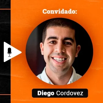 Podcast Papo de Vendedor episódio 15. Imagem nas cores laranja e preta, com a foto do convidado, Diego Cordovez, à direita, e o título do podcast, à esquerda, Processo Comercial! Inside Sales! Processo de Vendas Interno! feat Diego Cordovez & Meetime
