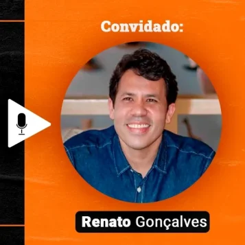 Podcast Papo de Vendedor episódio 16. Imagem nas cores laranja e preta, com a foto do convidado, Renato Gonçalves, à direita, e o título do podcast, à esquerda, Field Sales! Processo de Vendas Externo! feat Renato Gonçalves.