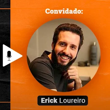 Podcast Papo de Vendedor episódio 18. Imagem nas cores laranja e preta, com a foto do convidado, Erick Loureiro, à direita, e o título do podcast, à esquerda, PNL em Vendas | 3 Técnicas de PNL para Conectar melhor! feat Erick Loureiro & ELLOS.