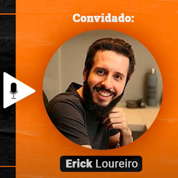 Podcast Papo de Vendedor episódio 19. Imagem nas cores laranja e preta, com a foto do convidado, Erick Loureiro, à direita, e o título do podcast, à esquerda, PNL em Vendas | Desenvolvendo um Estado Mental para Excelência! feat Erick Loureiro