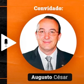Podcast Papo de Vendedor episódio 23. Imagem nas cores laranja e preta, com a foto do convidado, Augusto César Mestre, à direita, e o título do podcast, à esquerda, Vendas Técnicas e o Fator Humano! feat Augusto César Mestre.