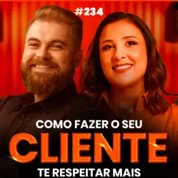Capa do podcast Papo de Vendedor com a foto da convidada, Daiane Lodi, à direita, morena, cabelos castanhos no ombro e camisa social laranja. Ao fundo, uma cortina laranja e um microfone ao centro. Ao lado da convidada, o host, Leandro Munhoz. Abaixo, o título, na cor laranja e branca, Como fazer o seu cliente te respeitar mais, sobre abordagem, prospecção em vendas.