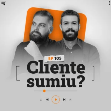 Capa do podcast Papo de Vendedor, nas cores branca, nas bordas, e laranja ao centro. No centro, Leandro Munhoz, à esquerda, branco, loiro, cabelos curtos, de barba, com expressão séria e a mão esquerda segurando o queixo, pensativo. Daniel Mestre, à direita, branco, moreno, cabelos curtos, de barba e expressando um leve sorriso. Os dois com camisas sociais pretas. Abaixo e centralizado, o título do episódio "Cliente sumiu", como lidar com cliente que some, na cor preta.
