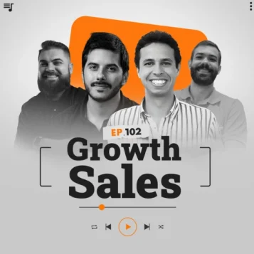 Capa do podcast Papo de Vendedor, nas cores branca, nas bordas, e laranja ao centro. No centro, Leandro Munhoz, à esquerda, branco, loiro, de barba, com expressão sorridente e Daniel Mestre, à direita, branco, moreno, de barba e sorrindo. Os dois com camisas pretas. Entre os dois, os convidados, Ferrucio Junior, moreno, cabelos curtos, sorrindo com uma camisa social listrada e branca, do lado direito. À esquerda, Thiago Rrocha, moreno com cavanhaque, cabelos curtos, sorrindo com camisa polo preta. Abaixo dos dois, o título do episódio, na cor preta "Growth Sales".