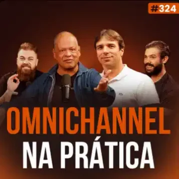 Capa do podcast Papo de Vendedor na cor laranja escuro e a foto dos convidados, Marco Salvo e Rafael Gouvêa, ao centro. Ao lado dos convidados, os hosts, Daniel Mestre e Leandro Munhoz. Abaixo, o título, na cor laranja e branca, Omnichannel na Prática, sobre Estratégias de Omnichannel e multicanais,